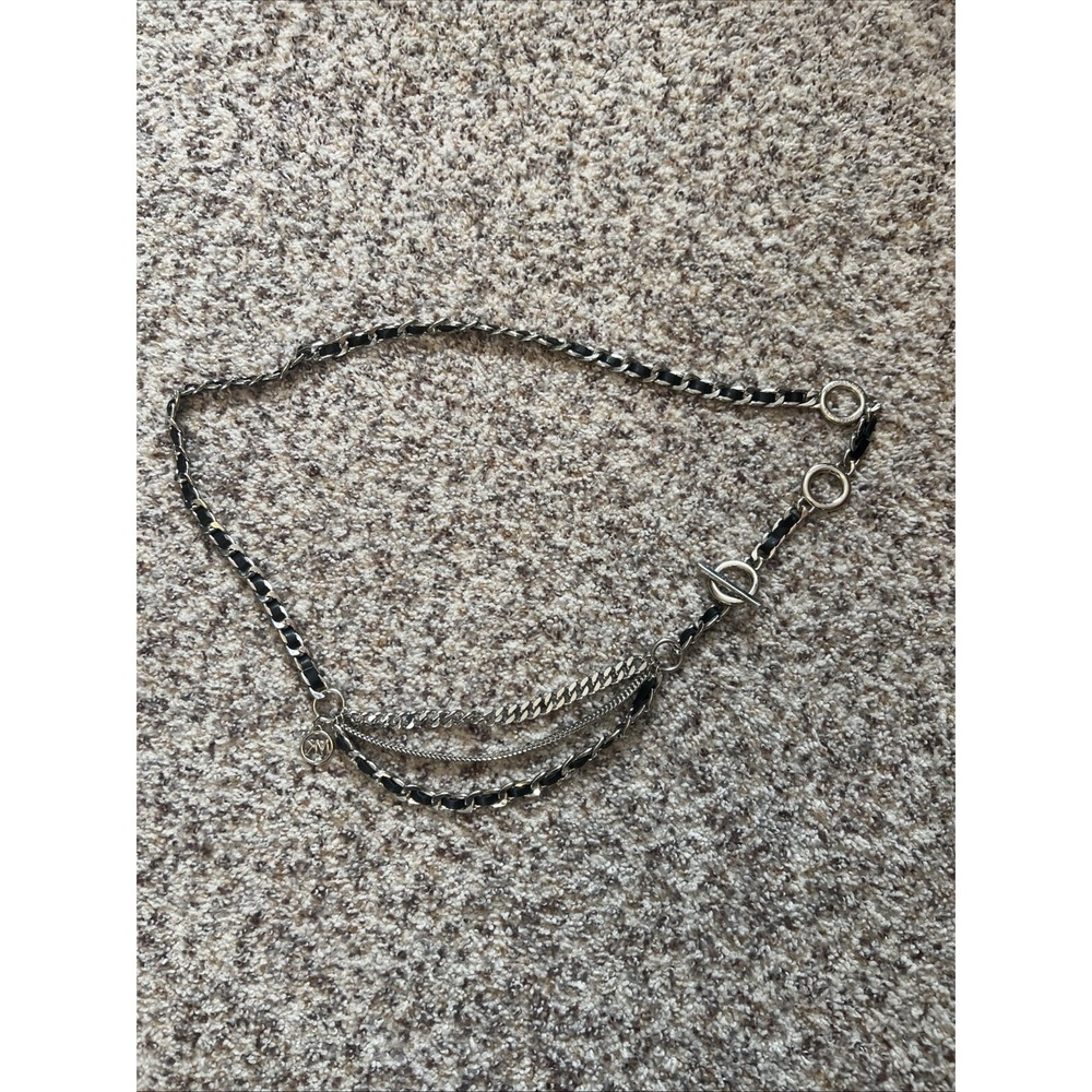 MICHAEL KORS New MK Logo Chain Leather Belt Black Silver 3 Layers On‎ Front 42"